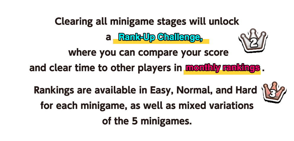 Clearing all minigame stages will unlock a Rank-Up Challenge, where you can compare your score and clear time to other players in monthly rankings. Rankings are available in Easy, Normal, and Hard for each minigame, as well as mixed variations of the 5 minigames.