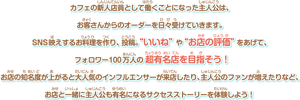 カフェの新⼈店員として働くことになった主⼈公は、お客さんからのオーダーを⽇々受けていきます。SNS映えするお料理を作り、投稿。“いいね”や“お店の評価”をあげて、フォロワー100万⼈の超有名店を⽬指そう！お店の知名度が上がると⼤⼈気のインフルエンサーが来店したり、主⼈公のファンが増えたりなど、お店と⼀緒に主⼈公も有名になるサクセスストーリーを体験しよう！