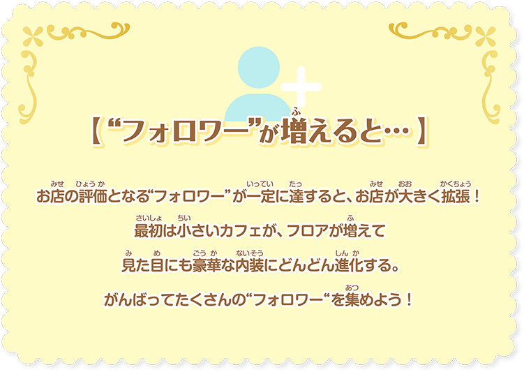 【 “フォロワー”が増えると… 】お店の評価となる“フォロワー”が⼀定に達すると、お店が⼤きく拡張！最初は⼩さいカフェが、フロアが増えて⾒た⽬にも豪華な内装にどんどん進化する。がんばってたくさんの“フォロワー“を集めよう！