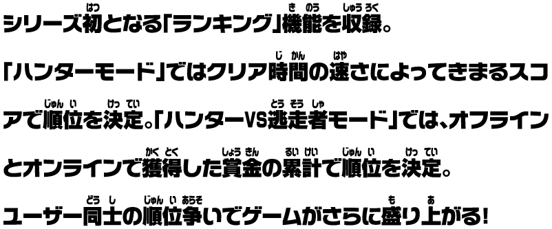 シリーズ初となる「ランキング」機能を収録。「ハンターモード」ではクリア時間の速さによってきまるスコアで順位を決定。「ハンターVS逃走者モード」では、オフラインとオンラインで獲得した賞金の累計で順位を決定。ユーザー同士の順位争いでゲームがさらに盛り上がる！